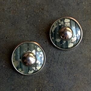 Vtg 70s Brutalist Circular Silver Green Over-Sized Iridescent Clip On Earrings